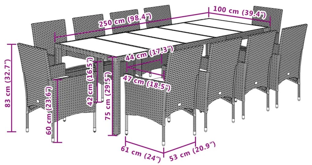 11 pcs conjunto jantar jardim c/ almofadões vime PE/vidro cinza