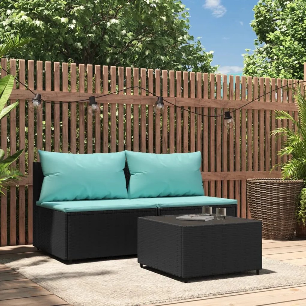 319803 vidaXL 3 pcs conjunto lounge de jardim c/ almofadões vime PE preto
