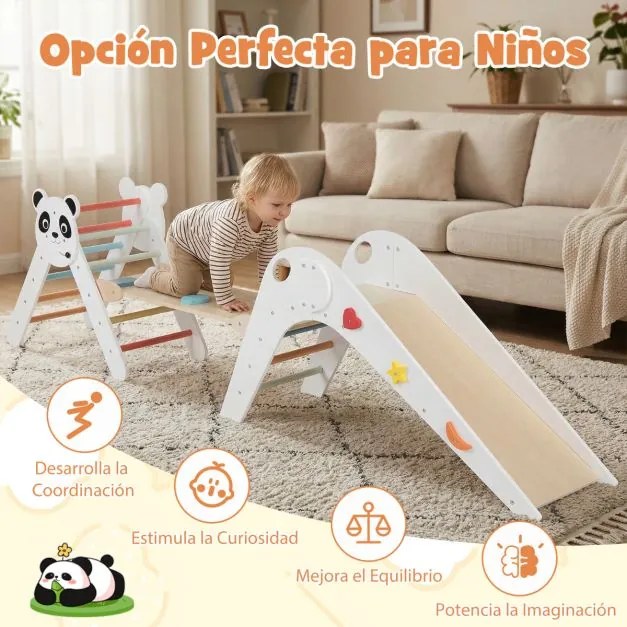 Parque dobrável para escalada para crianças Montessori de escalada em madeira com tema de panda Ginásio interior com escorrega Branco