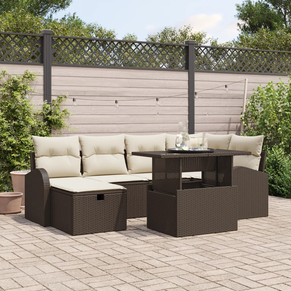 Conjunto de Sofá de Jardim de 7 Peças com Almofadas Castanho Poliratta