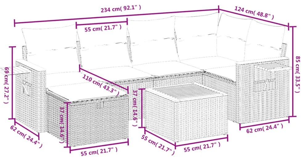 7 pcs conj. sofás jardim c/ almofadões vime PE bege misturado