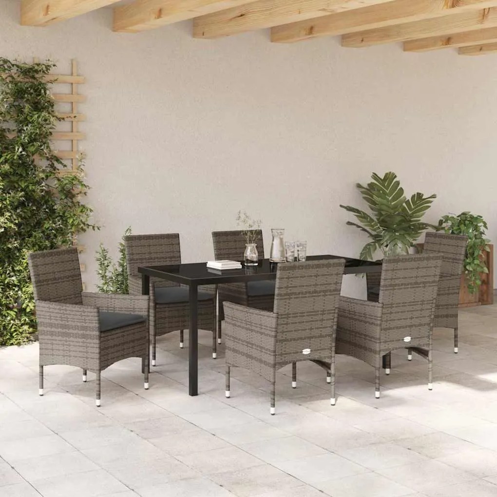 Conjunto de Jantar de Jardim com 7 Peças e Almofadas Cinza em Rattan P