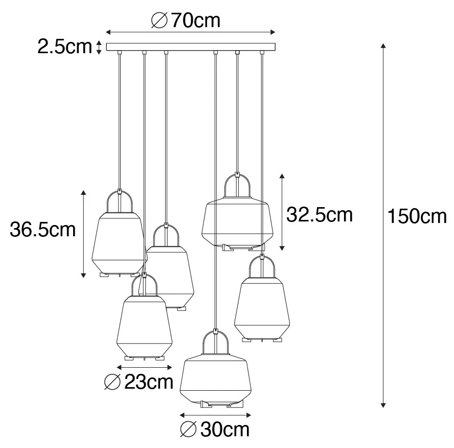 Candeeiro suspenso art déco preto com vidro fumê 6 luzes - Kevin Art Deco