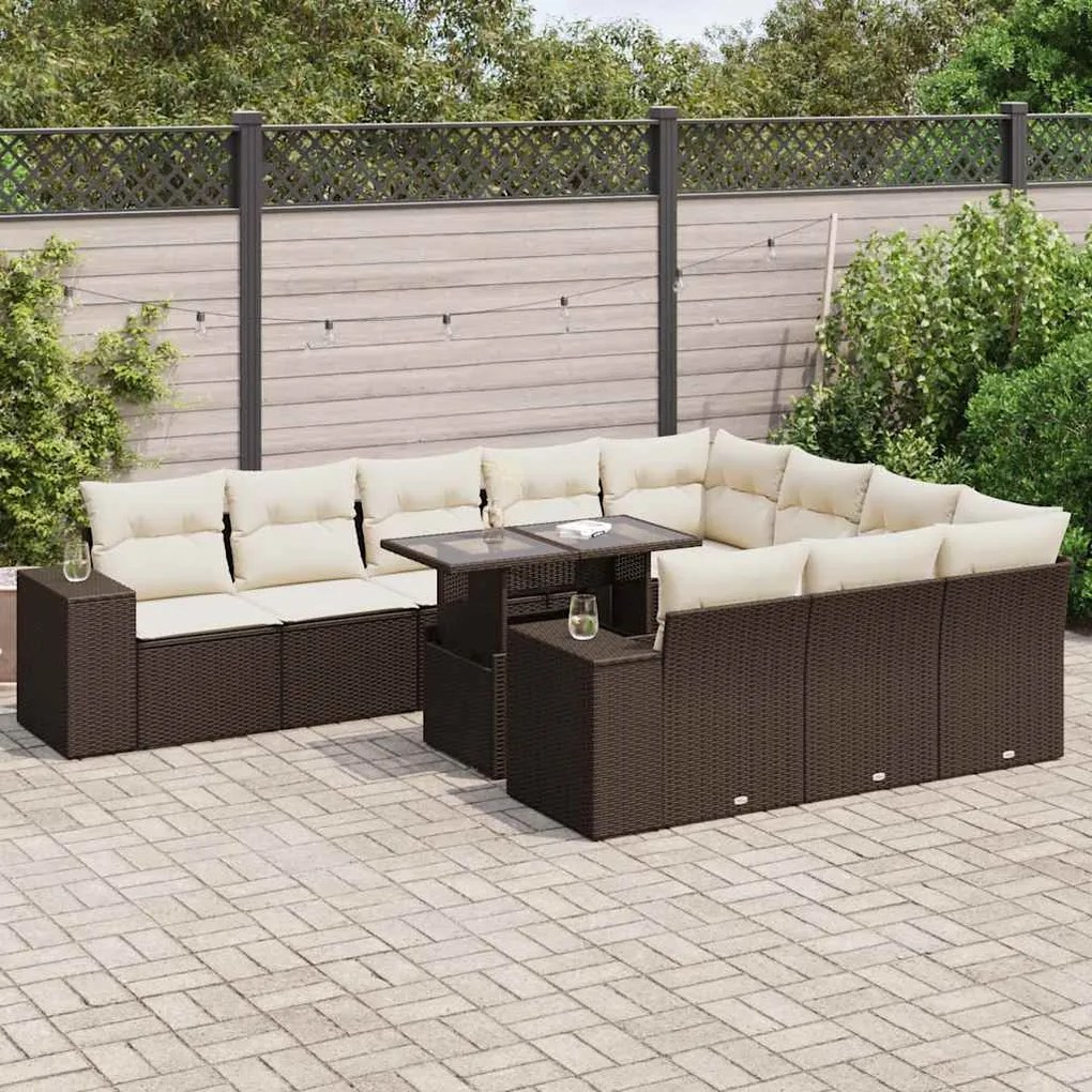 vidaXL 11 pcs conjunto sofás de jardim c/ almofadões vime PE castanho