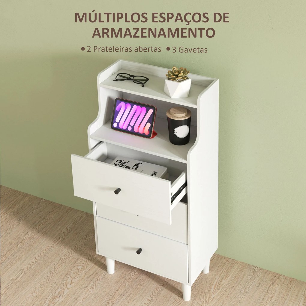 Cómoda com 3 Gavetas Cómoda de Quarto Estreita com Prateleiras Abertas Anti-Tombo Gaveteiro Alto 47x29x95 cm Branco