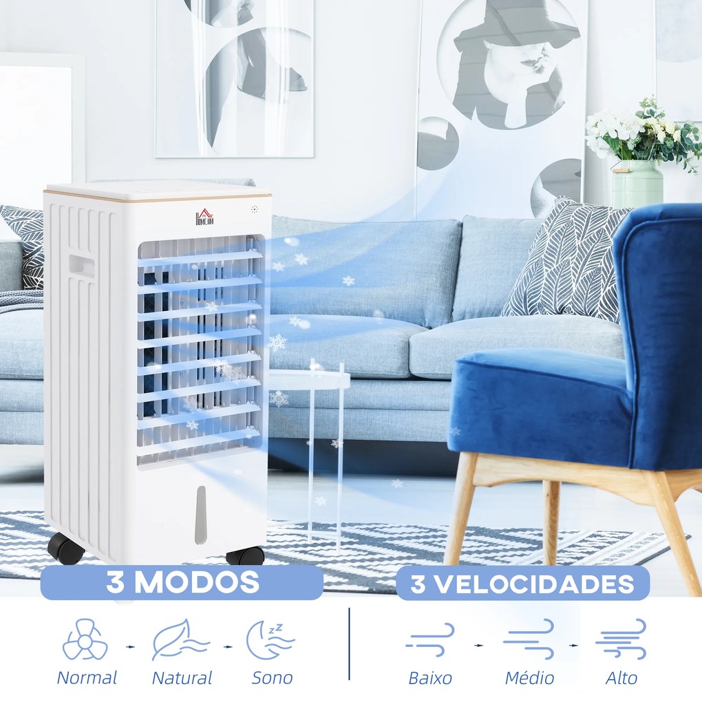Climatizador Refrigerador de Ar Portátil 3 em 1 Humidificador Ventoinha com 3 Velocidades Temporizador 22,5x24,5x54 cm Branco