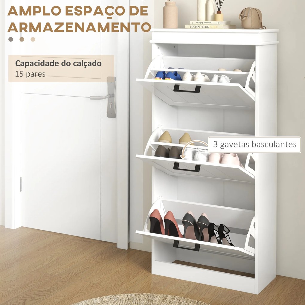 Sapateira Estreita com 3 Portas Basculantes e Prateleiras Ajustáveis para 15 Pares de Sapatos, Branco