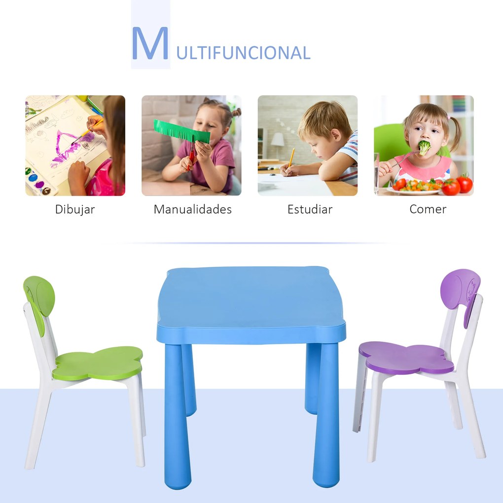 HOMCOM Conjunto de mesa e 2 cadeiras infantil para atividades com encosto e bordas redondas para crianças acima de 2 anos 76,5x54,5x49,5 cm Multicolor
