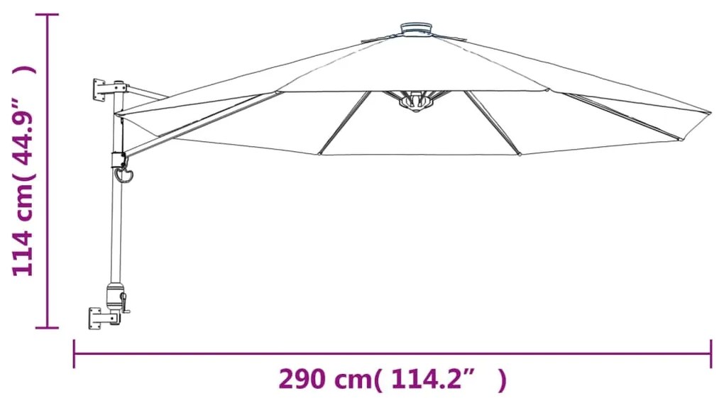 Guarda-sol de parede com luzes LED 290 cm vermelho brilhante