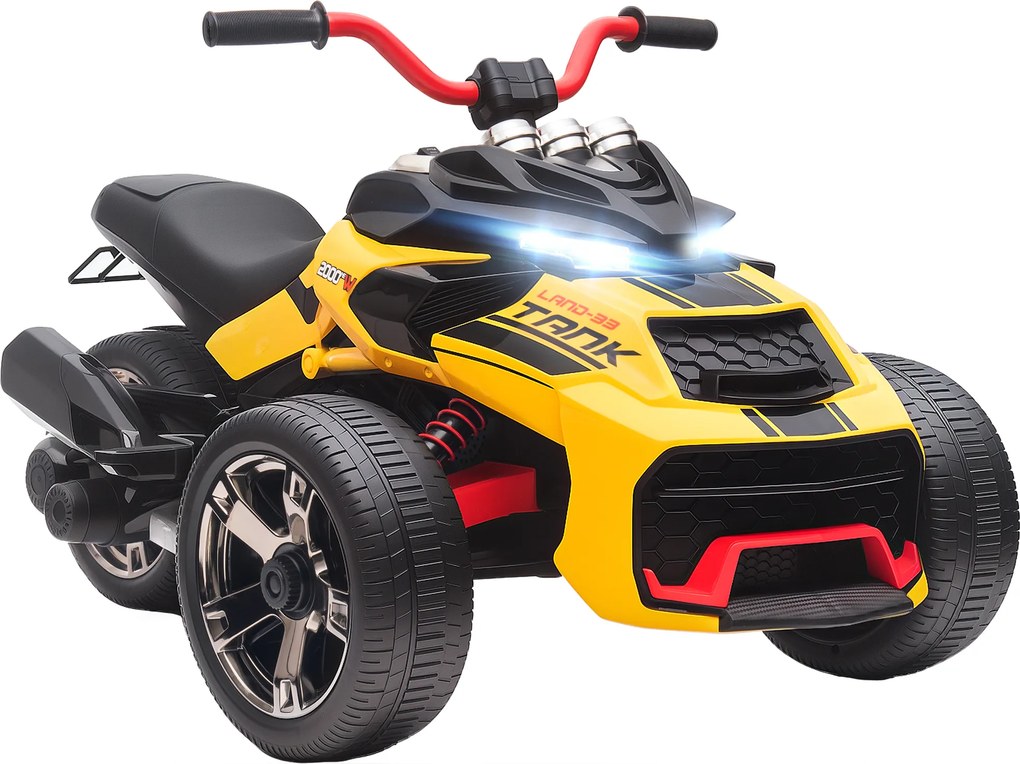 AIYAPLAY Quad Elétrico Infantil Carro Elétrico Crianças 12V 3 Rodas 2 Motores Leitor Mp3 Buzina 2 Velocidades 3-5 Km/h Amarelo | Aosom Portugal
