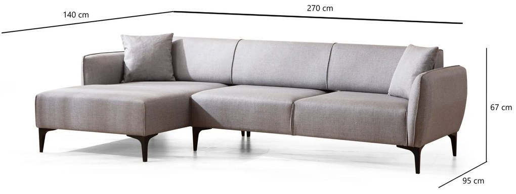 Sofá "Belissimo" Chaise Longue de 3 Lugares – Cinzento – 270x140x95 cm