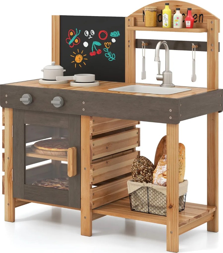 Cozinha Ar Livre para Crianças com Quadro Preto Fogões Pia Torneira Forno Acessórios de Cozinha e Prateleiras cor Natural