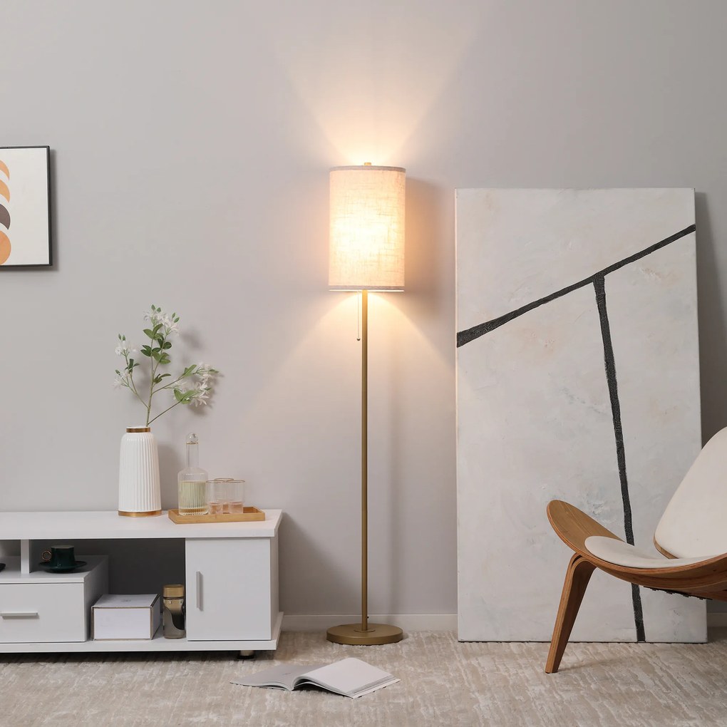 Candeeiro de pé, 40 W máx., base em forma de mastro em aço dourado, abajur em linho creme, 25,5 x 25,5 x 157 cm, dourado e bege