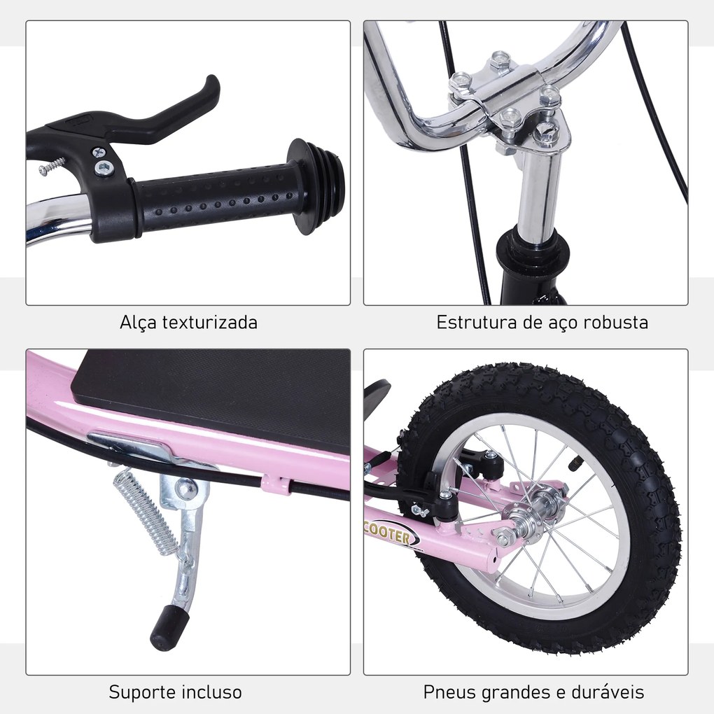HOMCOM Trotinete para Crianças acima de 5 anos Scooter de 2 Rodas Grandes com Duplo Freio e Guidão Ajustável em Altura Adolecentes Adultos 125x58x92-100cm Rosa