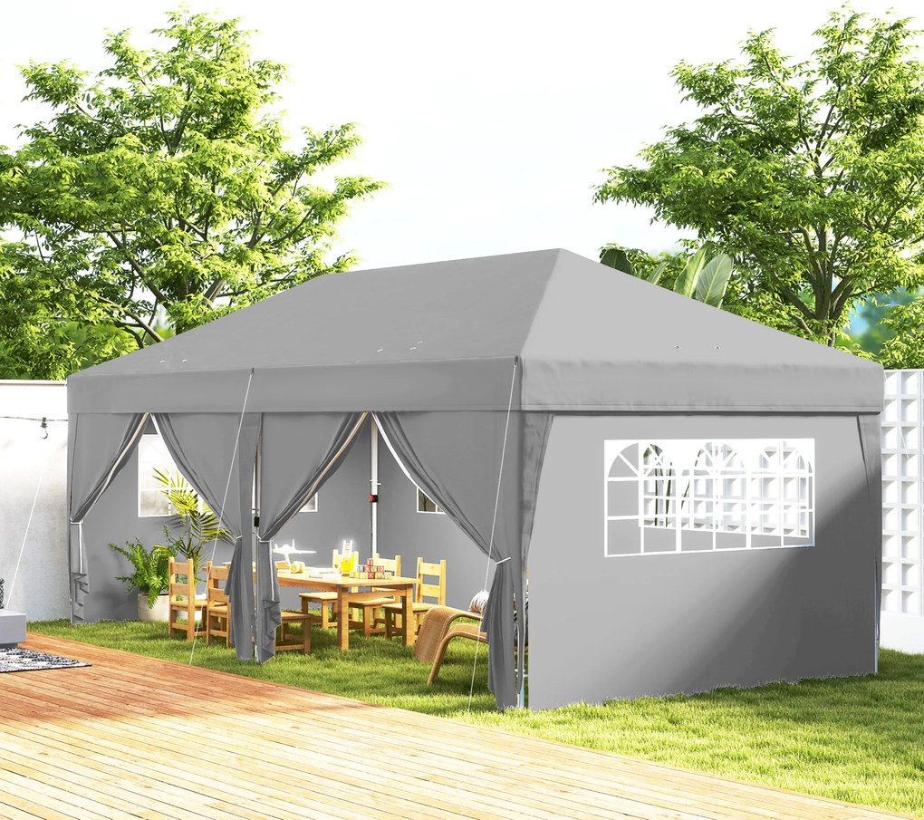 Tenda de jardim para exterior de 3 x 6 m, tenda dobrável com 6 paredes laterais, saco de transporte incluído, cinzento