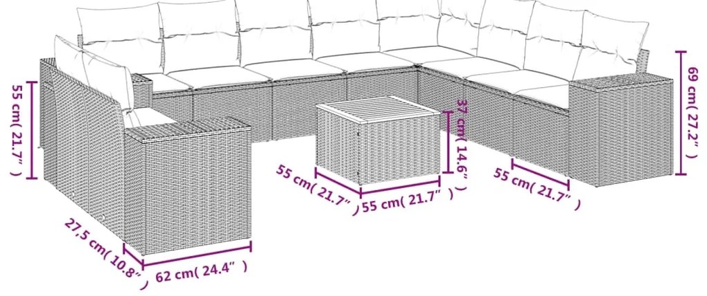11 pcs conjunto sofás de jardim c/ almofadões vime PE preto