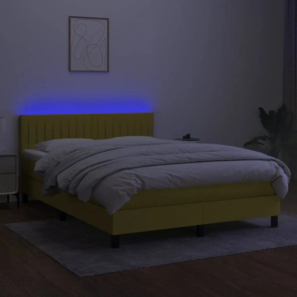 Cama box spring c/ colchão e LED 140x200 cm tecido azul