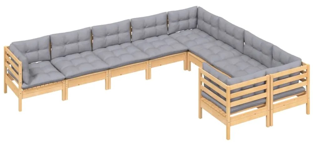 9 pcs conjunto lounge de jardim c/ almofadões cinzentos pinho