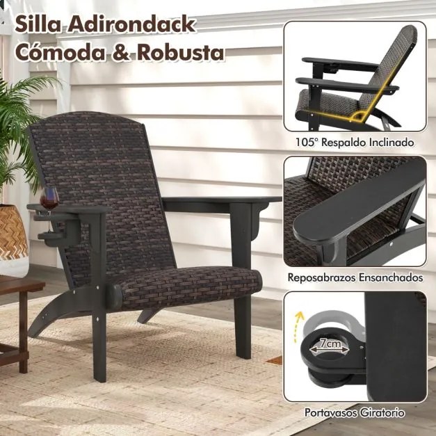 Cadeira Adirondack para Jardim em HDPE com assento e encosto almofadados em rattan, braços largos e porta-copos Cor do rattan Castanho misturado e Bra