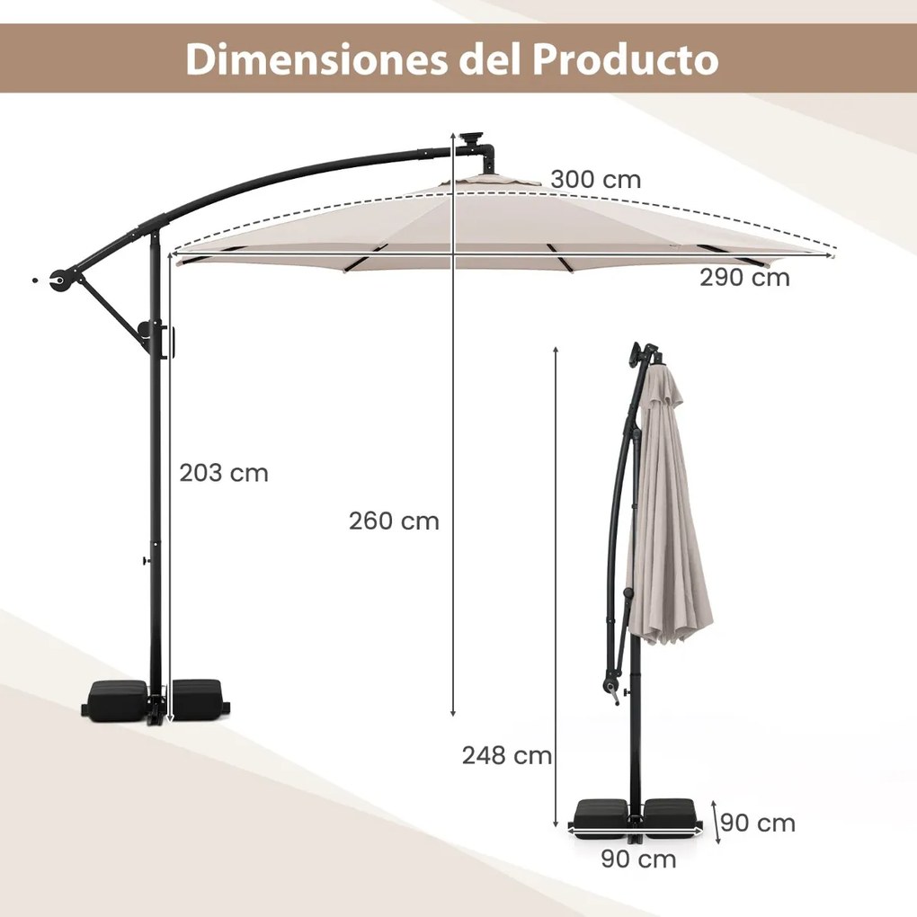 Guarda-sol 300 x 260 cm com base, iluminação LED, 9 modos, ajuste fácil da inclinação, rotação de 360° Bege