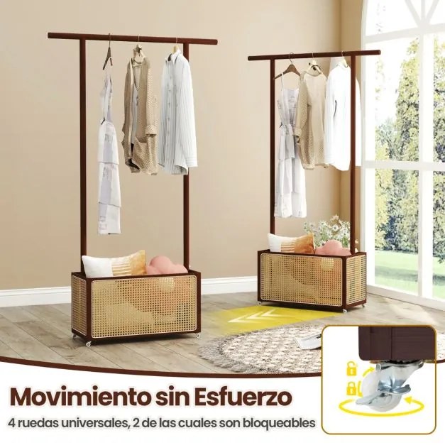 Guarda Roupa de bambu 100 x 32,5 x 172 cm Suporte para pendurar casacos com cesto de rattan para arrumação e rodas e Barra natural