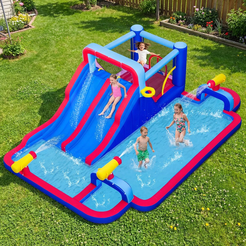 Parque aquático insuflável com escorrega duplo 646 x 418 x 211 cm, piscina, zona de salpicos, zona de saltos, parede de escalada, cesto de basquetebol