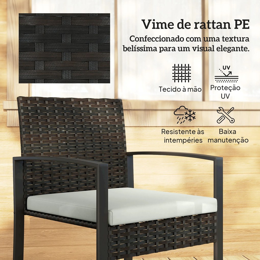 Conjunto de Móveis de Jardim de 3 Peças em Vime PE com Cadeiras Mesa de Vidro Temperado e Almofadas Castanho e Creme