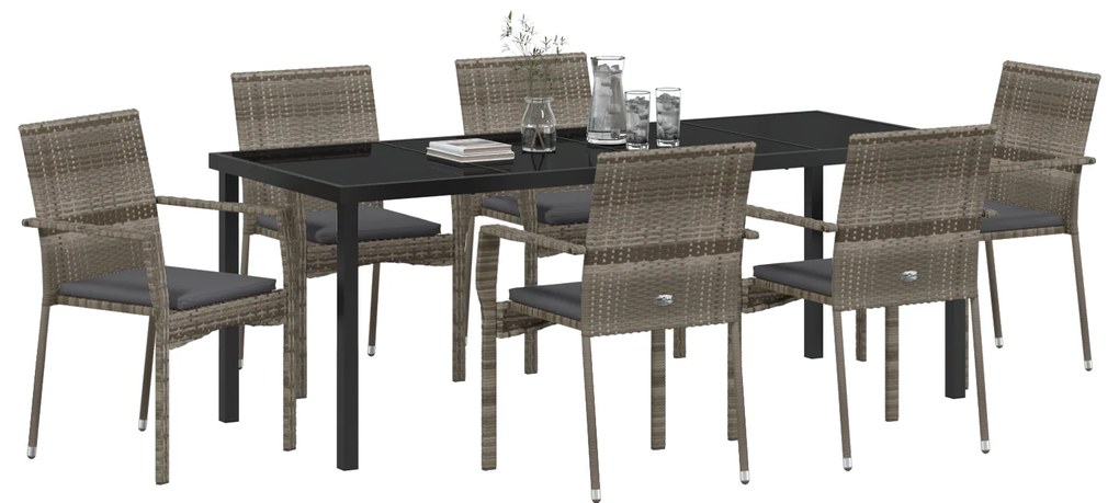 Conjunto de Jantar de Jardim de 7 Peças com Almofadas Cinza Polirattan