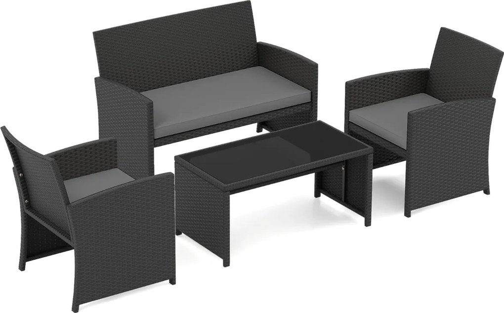 Conjunto de jardim em rattan com 4 peças: sofás de 2 lugares, mesa de vidro temperado e almofadas para exterior, varanda ou piscina, Preto+cinzento