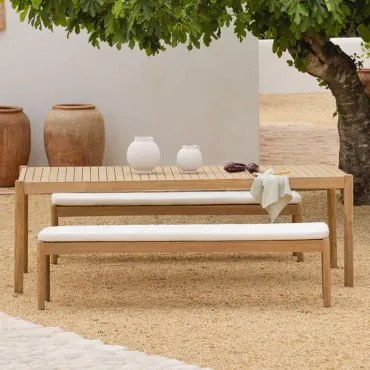 Conjunto De Mesa Retangular 220x100 Cm E 2 Bancos De Jardim Em Madeira De Acácia Karvia Marrom Acácia Claro & Tecido Branco - Sklum