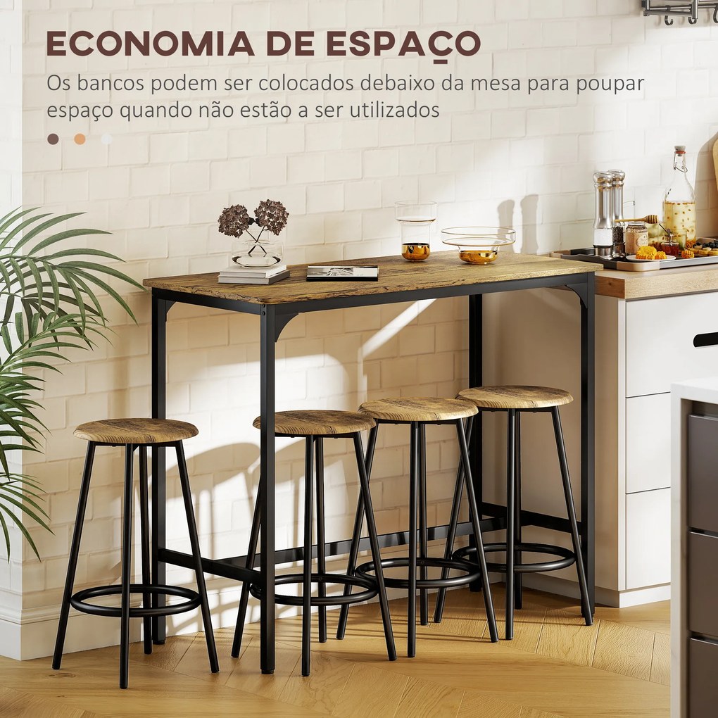 Conjunto de Móveis Altos de Bar com 5 Peças Mesa de Refeição Industrial e 4 Bancos Redondos Castanho Rústico e Preto