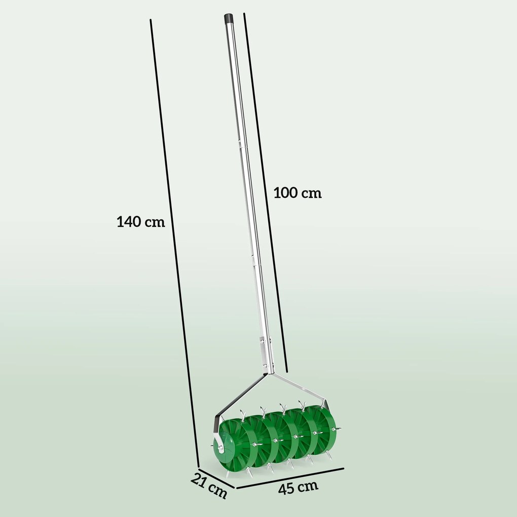 Rolo arejador de relva com pega removível em 3 peças, arejador de relva manual, 45 x 21 x 140 cm, verde escuro