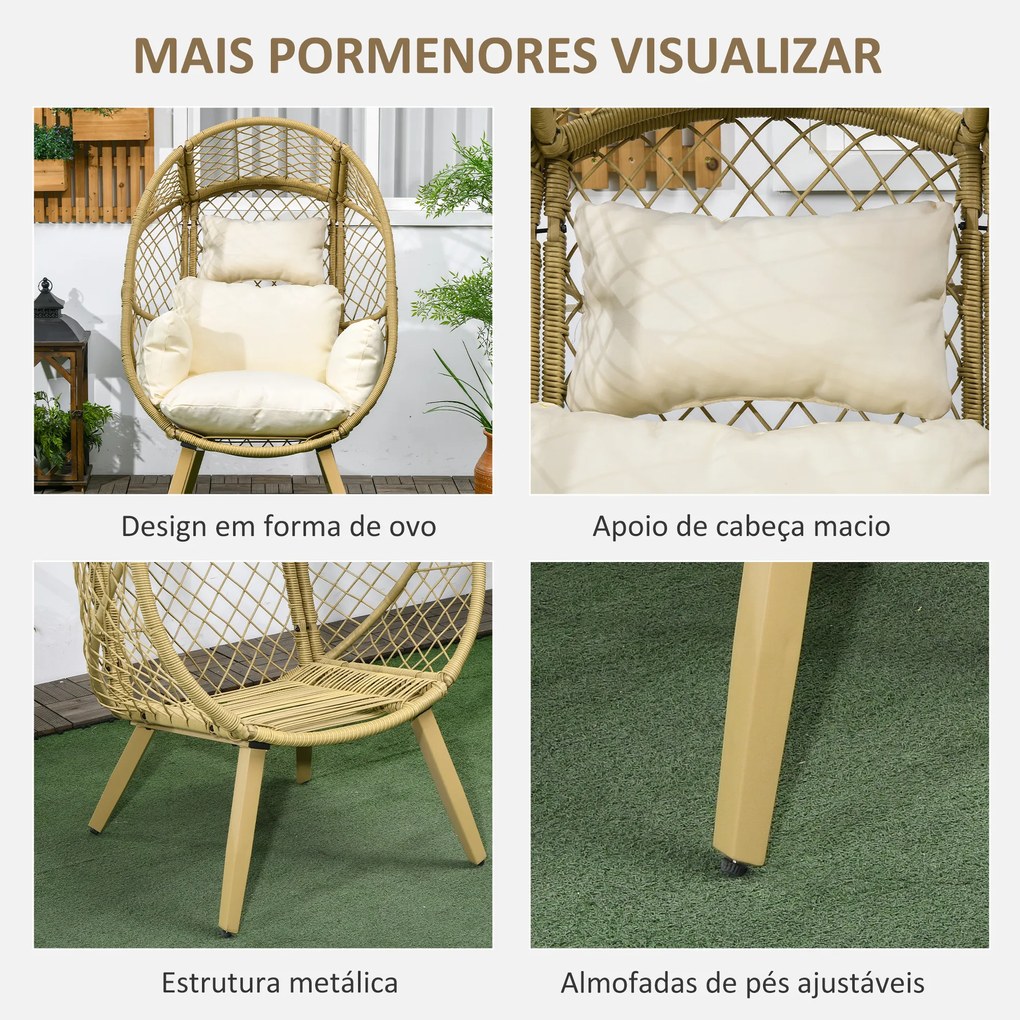 Poltrona de Exterior de Vime PE com Almofadas Encosto Acolchoado Pés e Estrutura de Metal 88x85x143 cm Natural e Creme