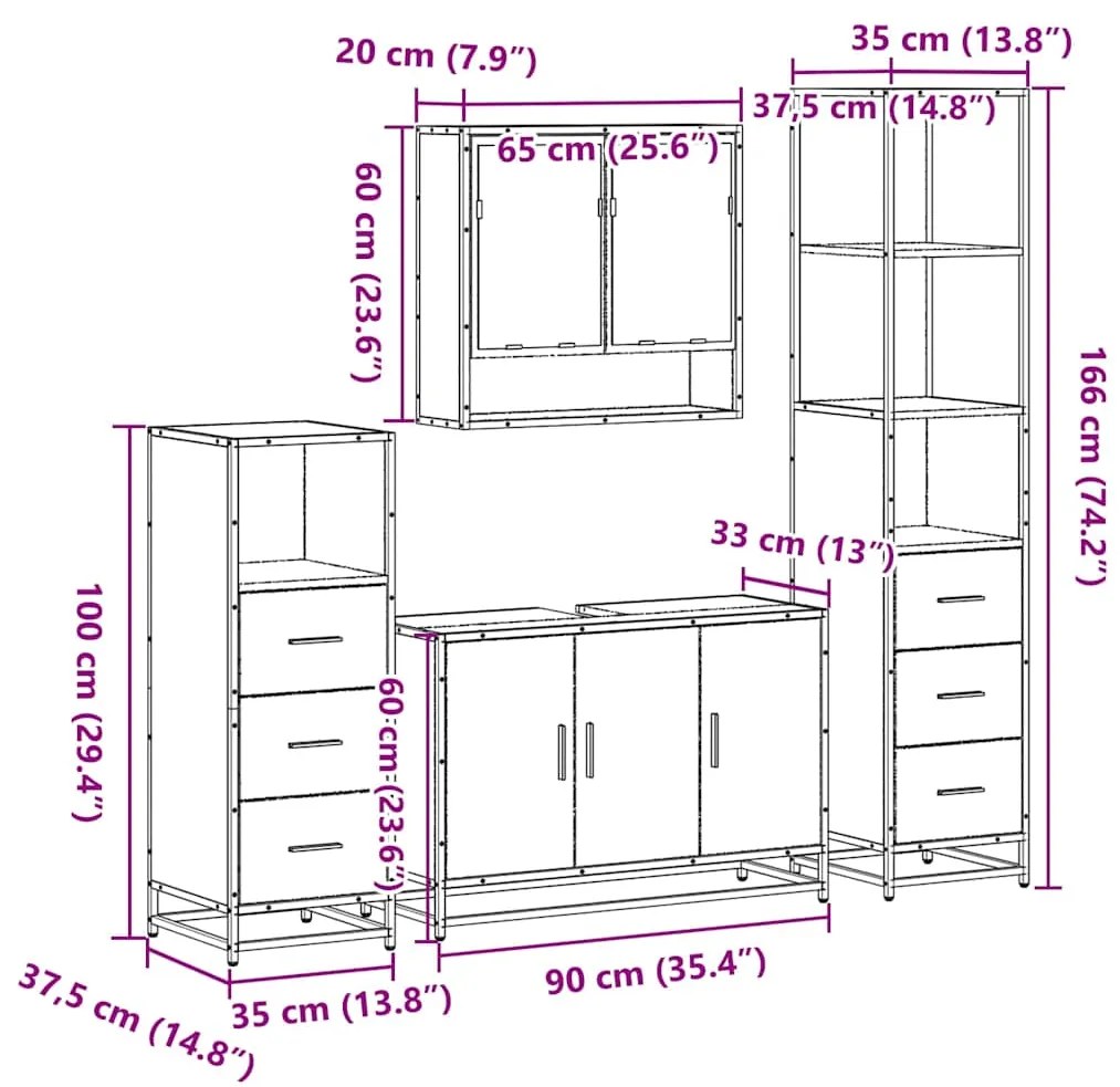 4 pcs Conjunto móveis casa de banho madeira proc. cinza sonoma