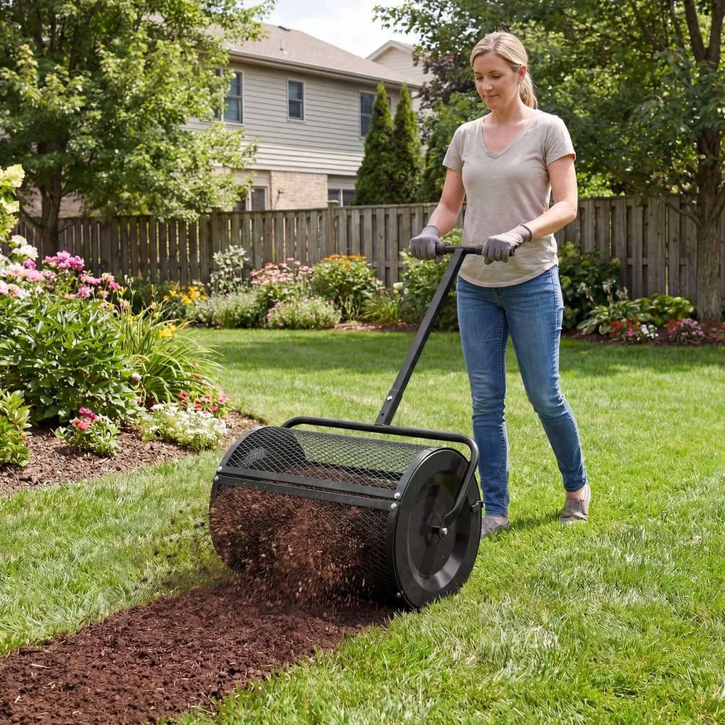 Espalhador de composto para Jardim de 31 cm com rolo para turfa e cabo em T ajustável em altura, com cesto de malha metálica para jardim ou relvado, p