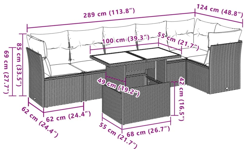 7 pcs conjunto de sofás p/ jardim com almofadões vime PE bege