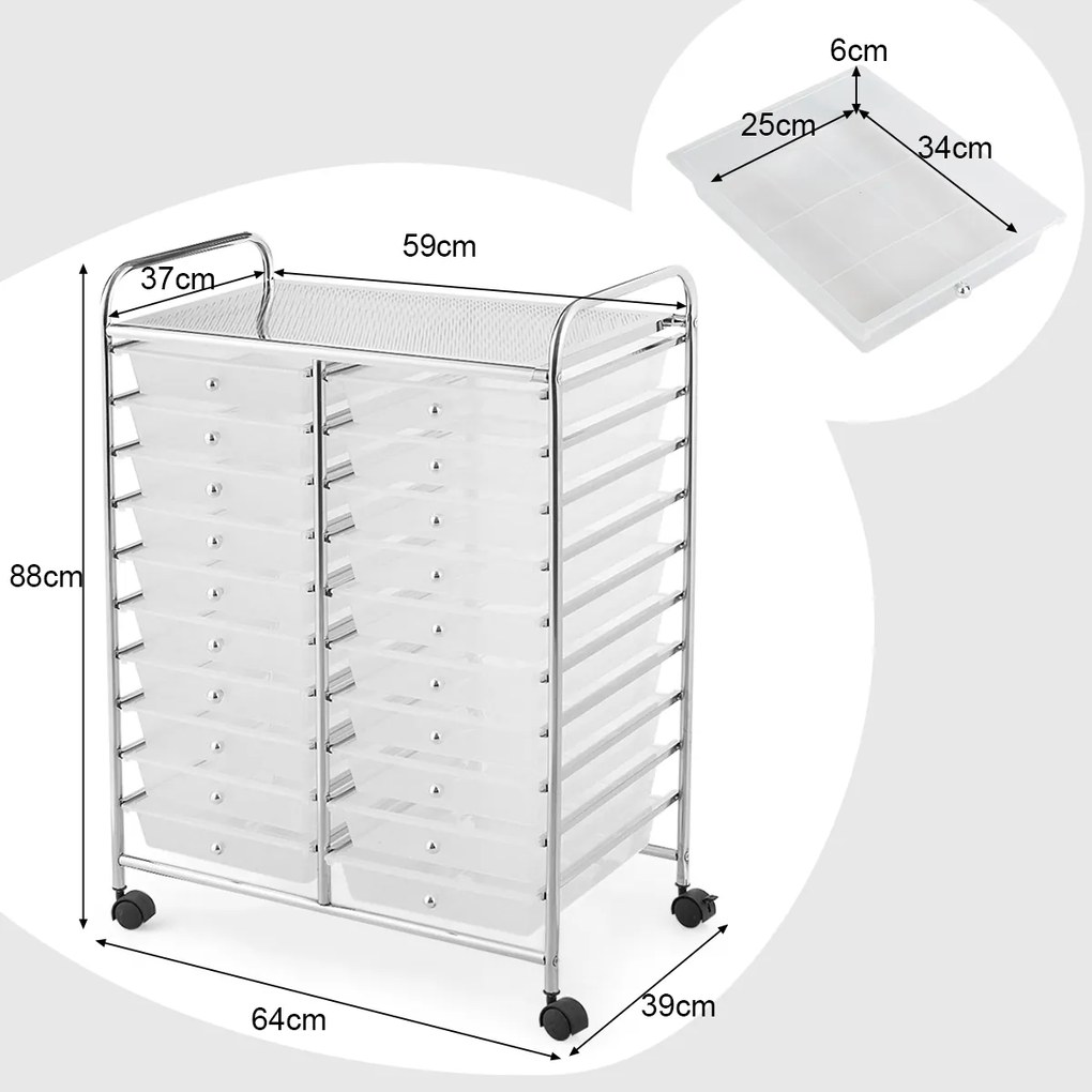 Carrinho com 20 gavetas com rodas Leve Multiusos Organizador de Ferramentas para Oficina Escritório Cozinha Casa de Banho Sala de Estar 64 x 39 x 88 c