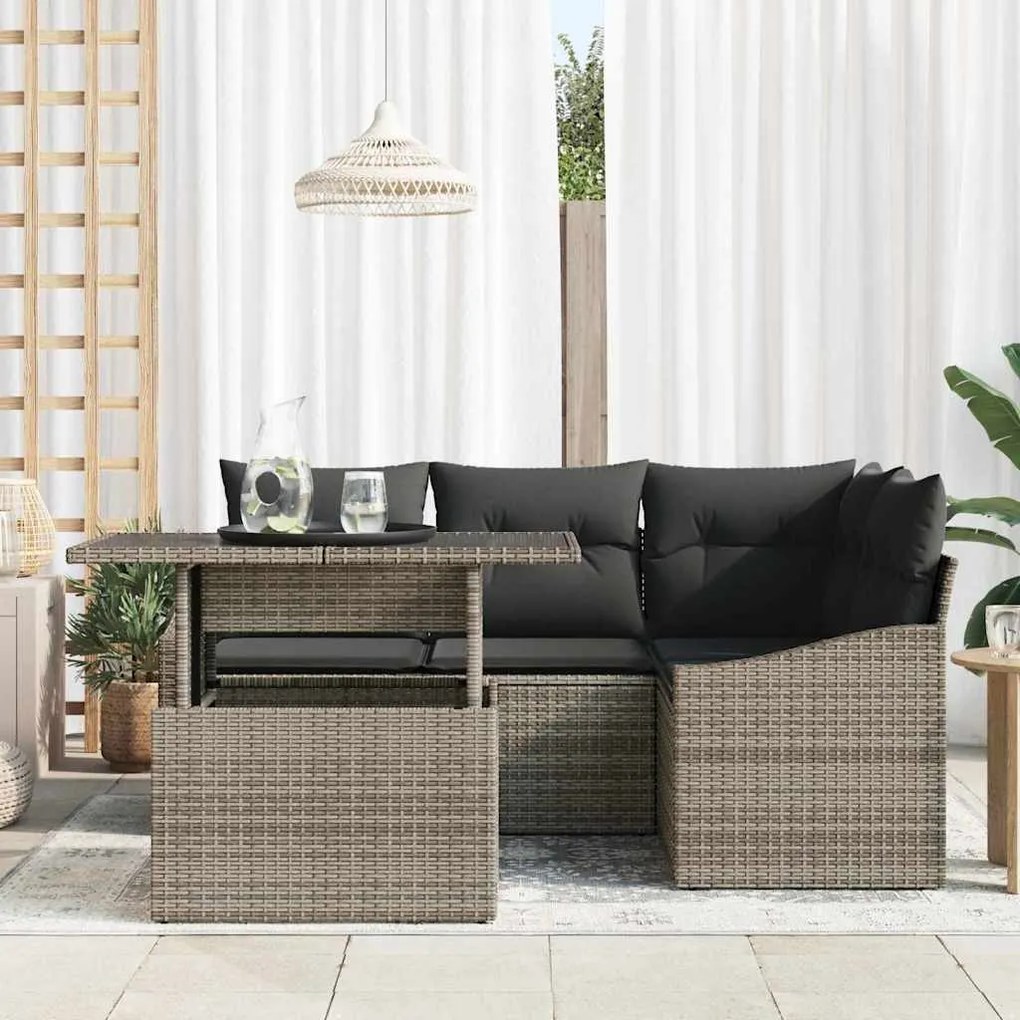 Conjunto de Sofás de Jardim de 5 Peças com Almofadas Cinza em Rattan S