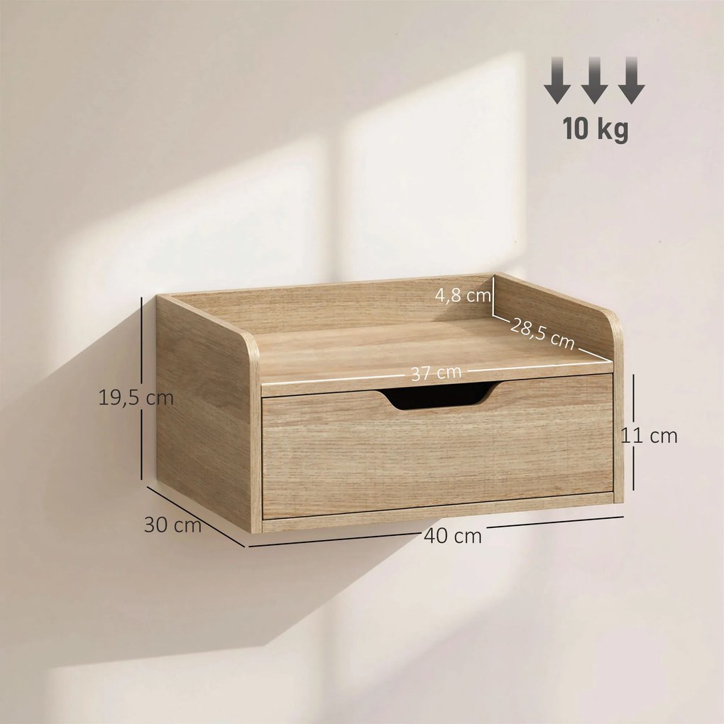 Conjunto de 2 mesas de cabeceira de parede 40 x 30 x 19,5 cm, com gaveta e tampo com rebordos elevados, cor madeira natural