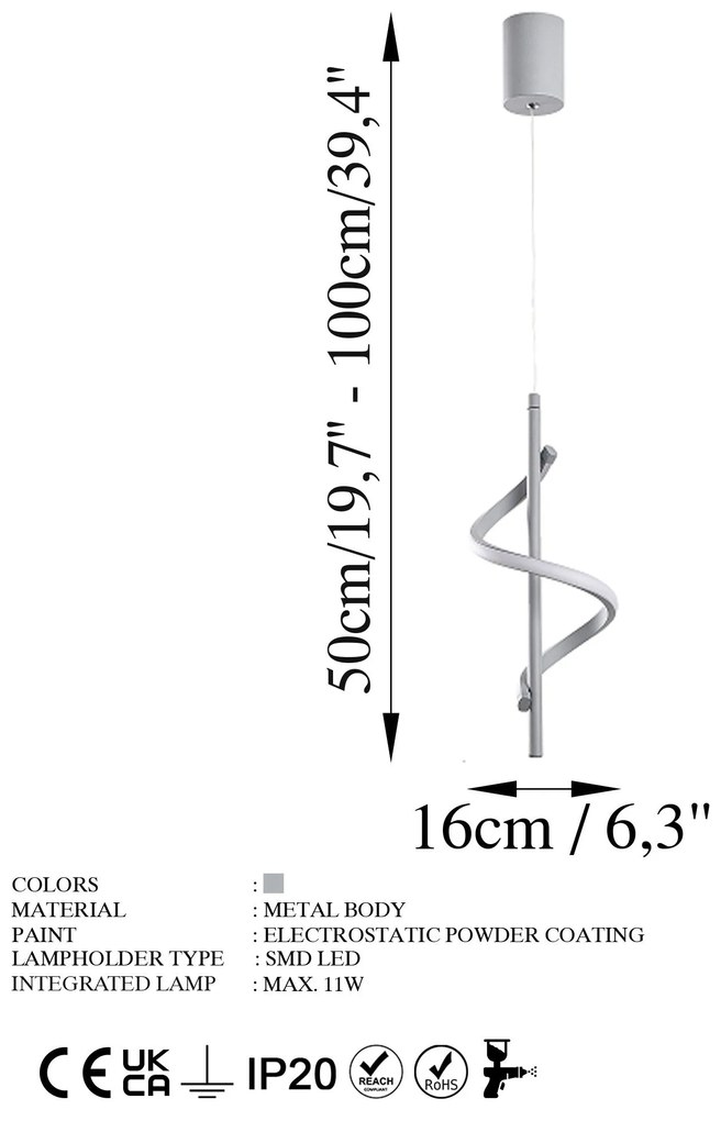 Candeeiro de Teto Likma – Cinzento – 16x50-100x16 cm