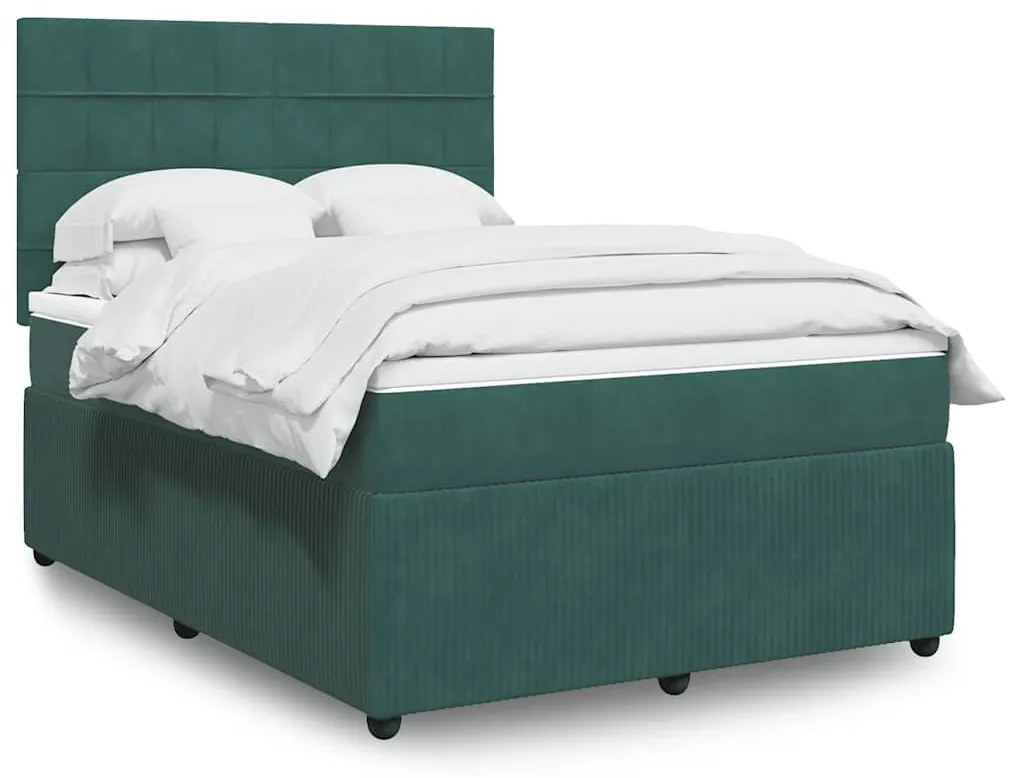 vidaXL Cama com molas/colchão 140x190 cm veludo verde-escuro