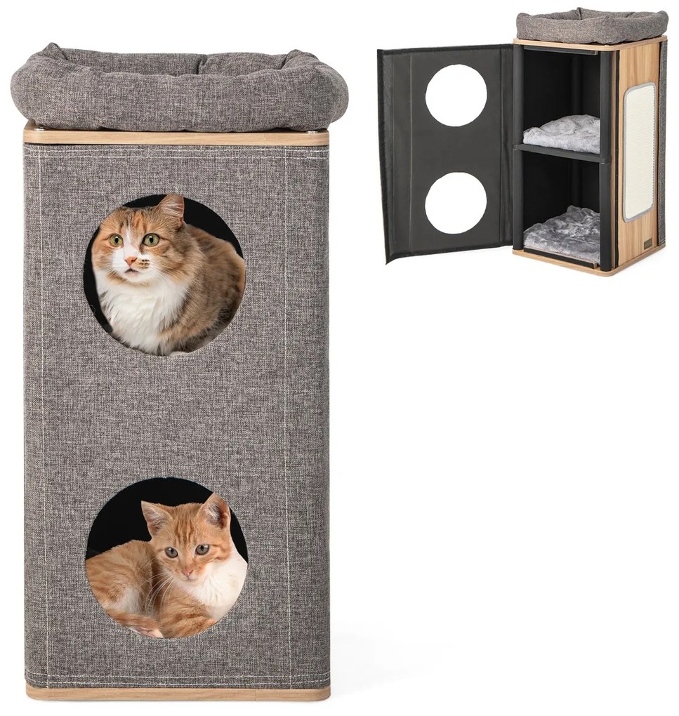 Casa para gatos de 3 andares com tábua de arranhar, 2 esconderijos e poleiro superior 38 x 38 x 77,5 cm Natural e cinzento