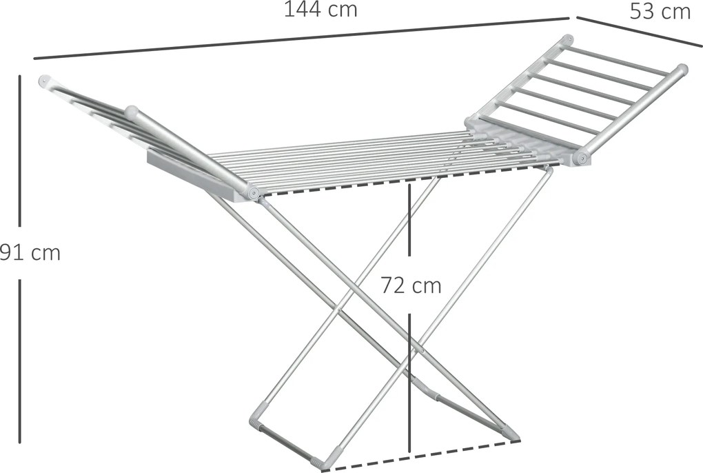 Estendal elétrico para roupa com 2 alas laterais extensíveis e estrutura em liga de alumínio, 144 x 53 x 91 cm
