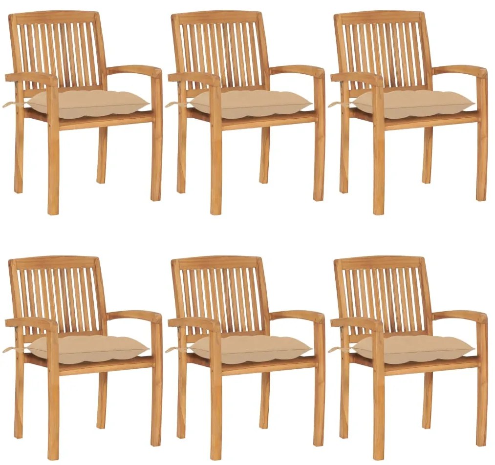 Cadeiras de jardim empiháveis c/ almofadões 6 pcs teca maciça