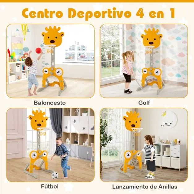 Cesto de basquetebol Veado 4 em 1 com baliza de futebol, argolas e golfe, altura ajustável, base reenchível para interior e exterior Amarelo