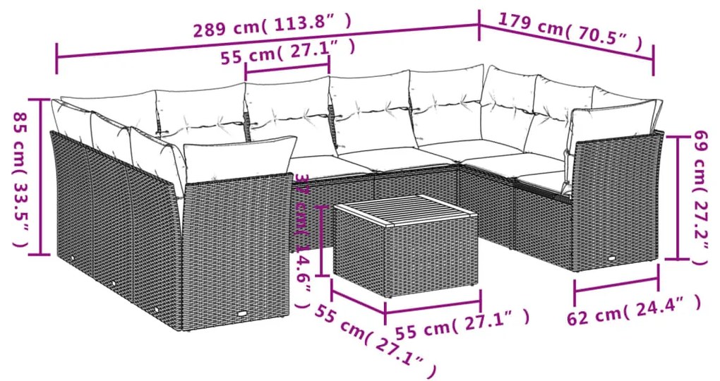 10 pcs conjunto de sofás p/ jardim com almofadões vime PE bege