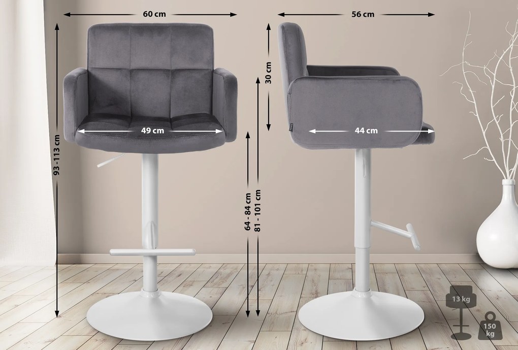 Banco de bar Los Angeles em veludo com estrutura branca 93-113 x 60 x 56 cm Cinzento escuro