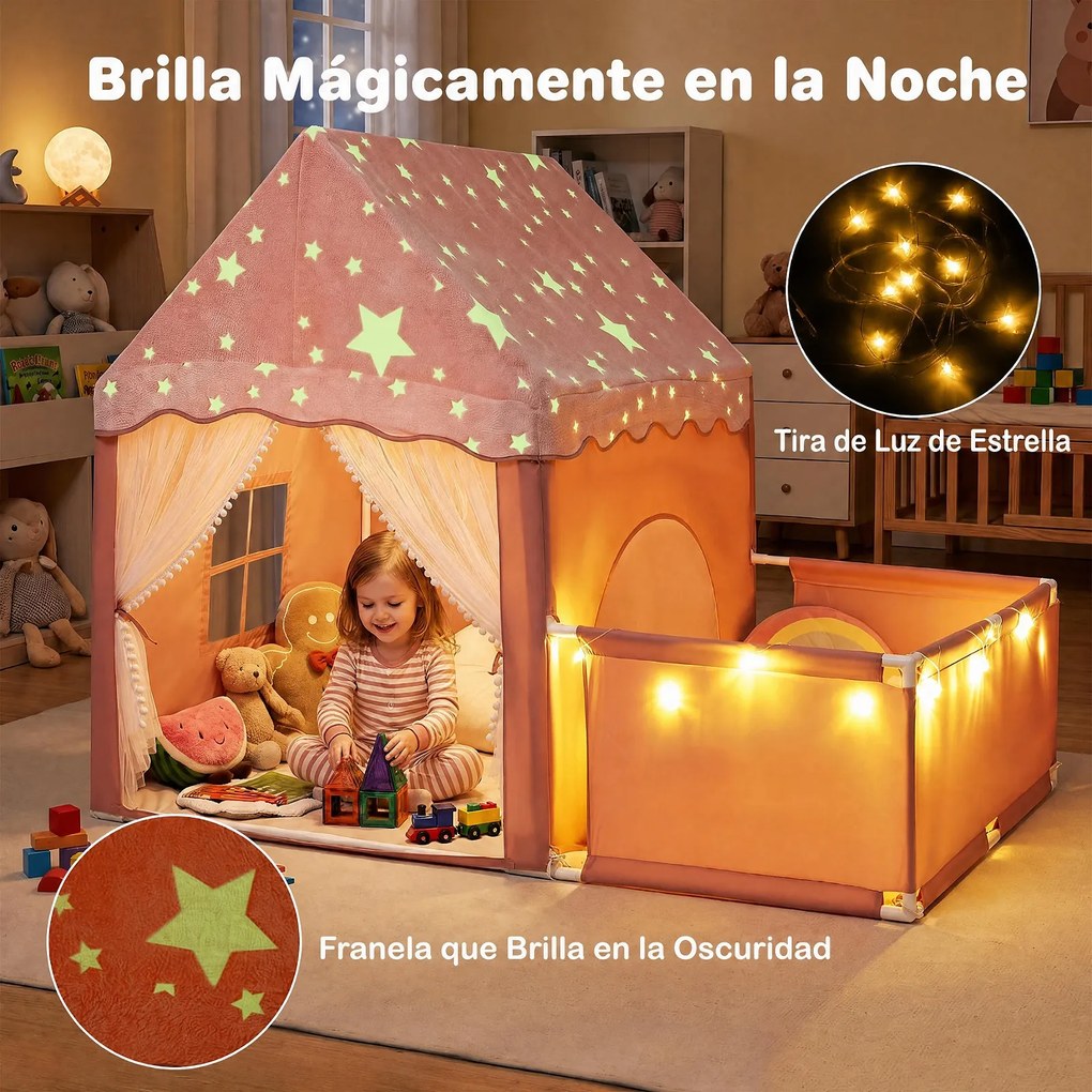 Casa de Jogos 2 em 1 com Parque Infantil, 169 x 120 x 136 cm, Luzes Estreladas, Rosa