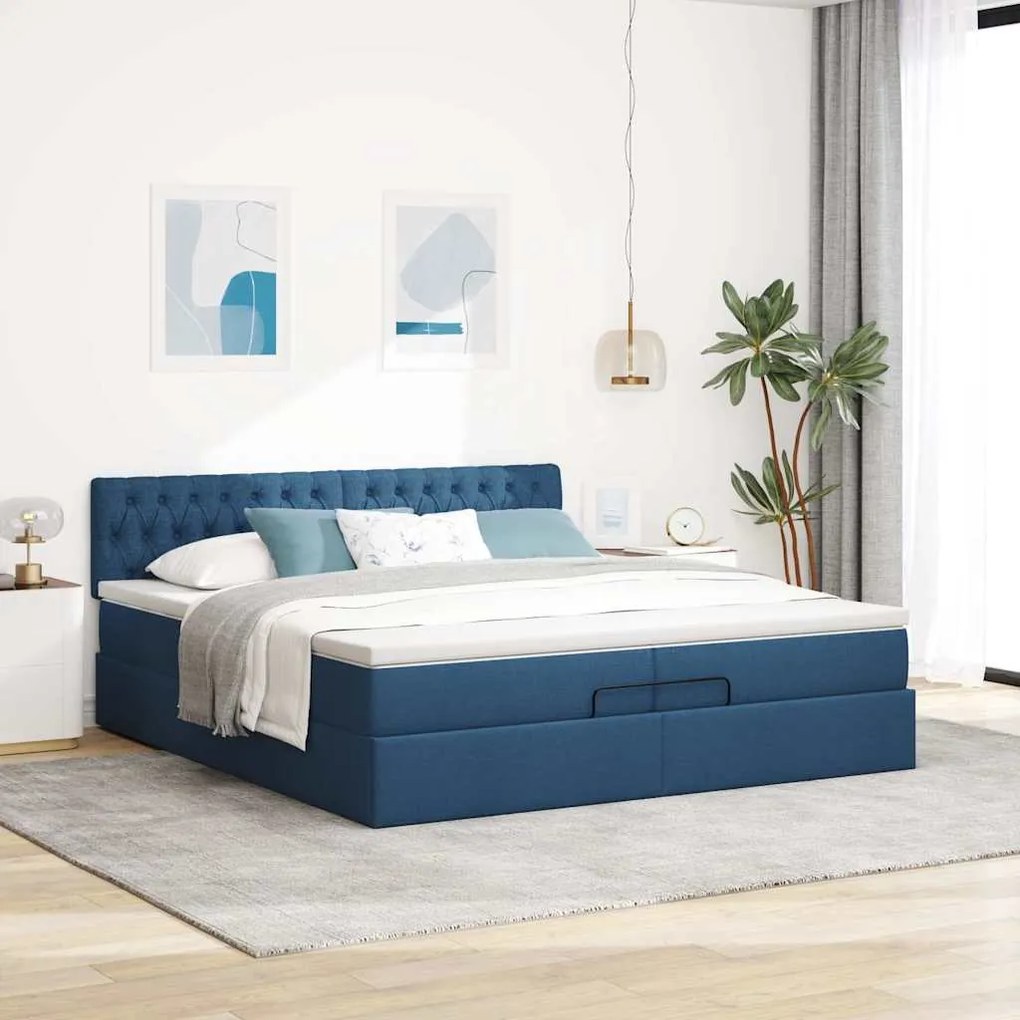 Estrutura de cama otomana com colchão 200x200 cm tecido azul