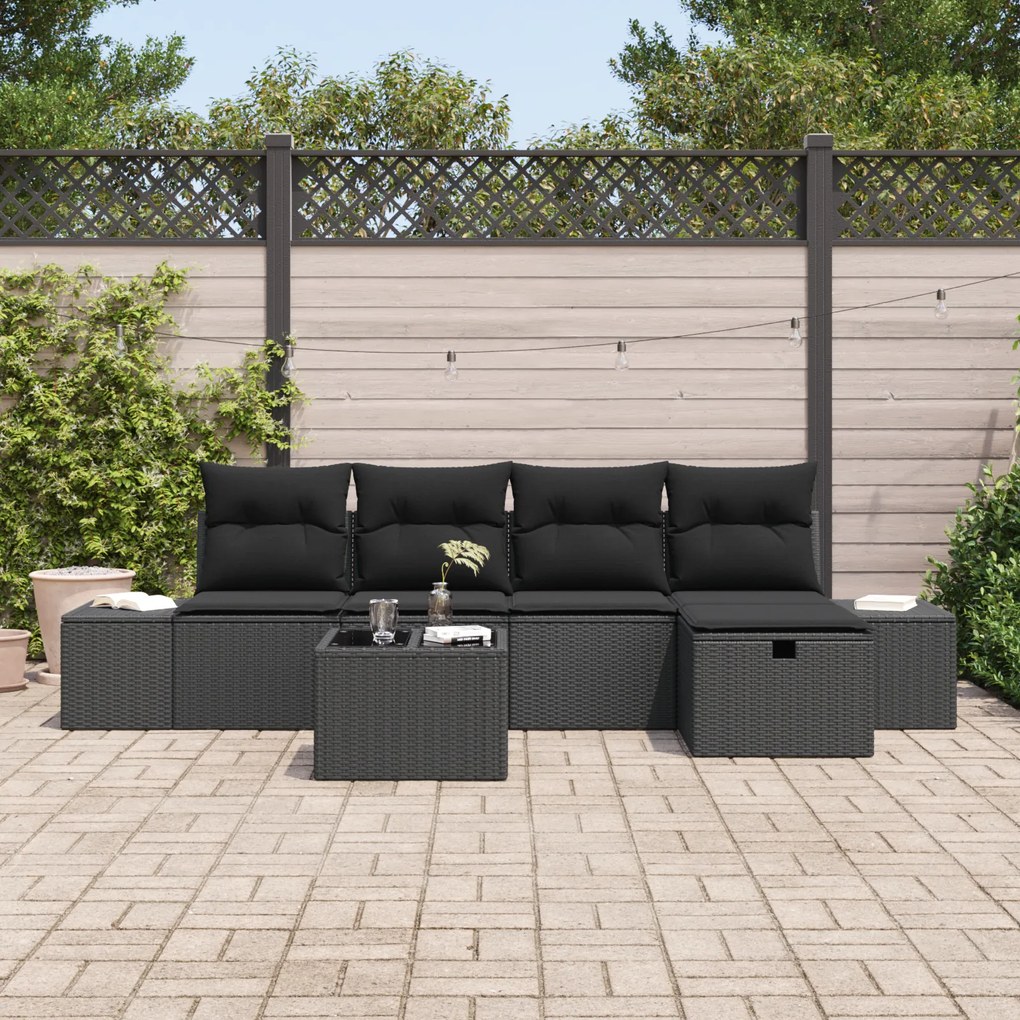 Conjunto de Sofá de Jardim de 6 Peças Com Almofadas Preto Rattan Polié